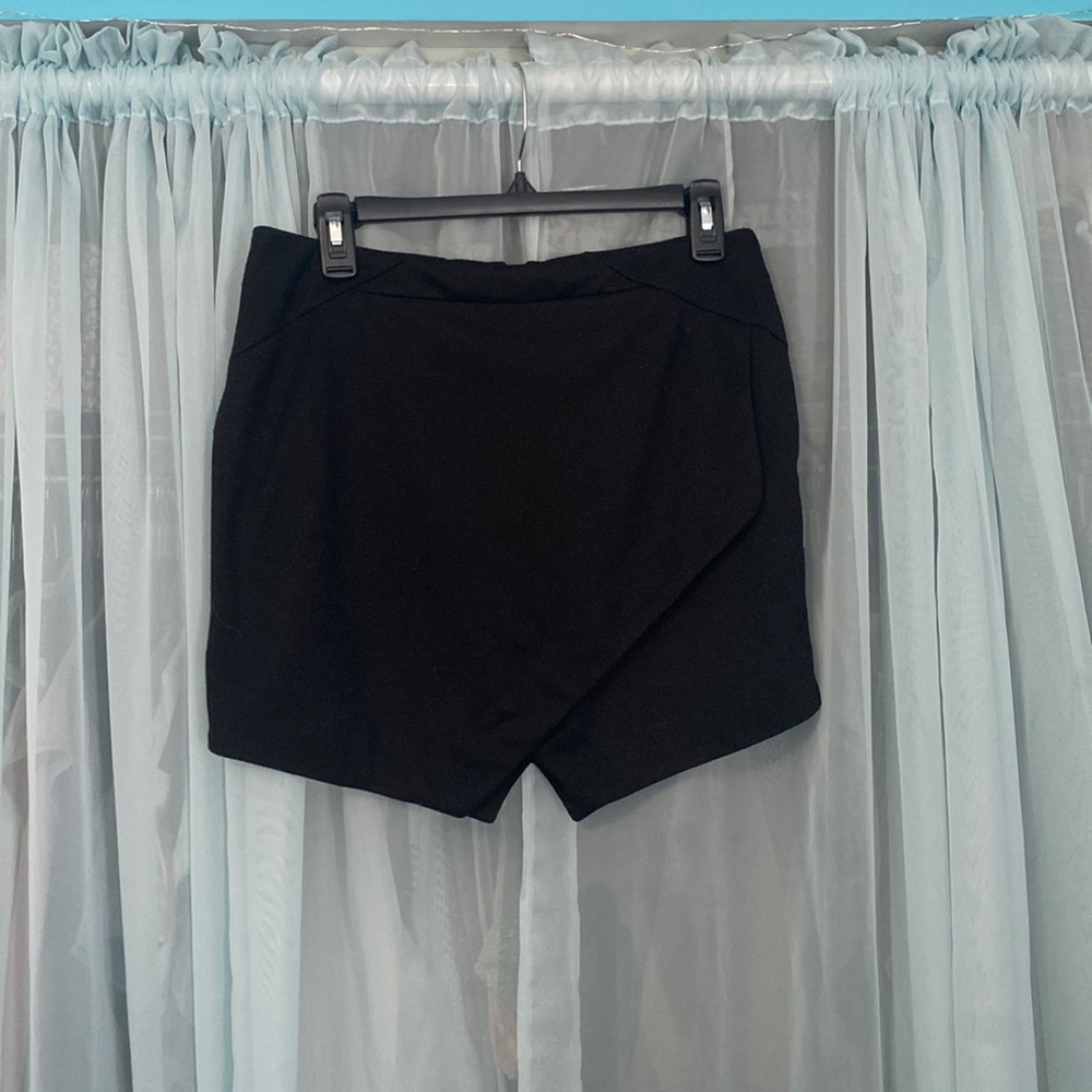 black faux-wrap miniskirt with zip